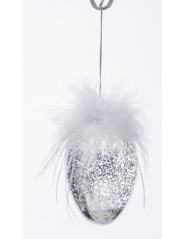Zawieszka szklana jajko srebrny brokat