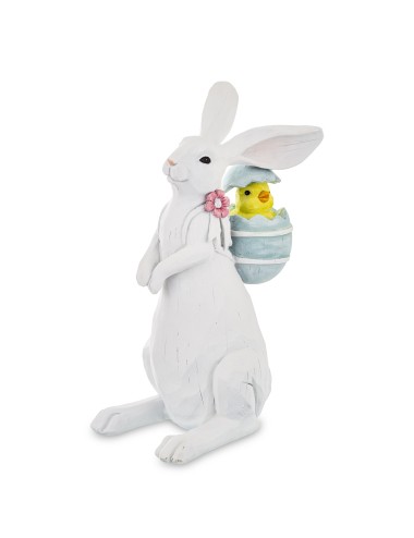 Figurka zając biały z kurczaczkiem w plecaku