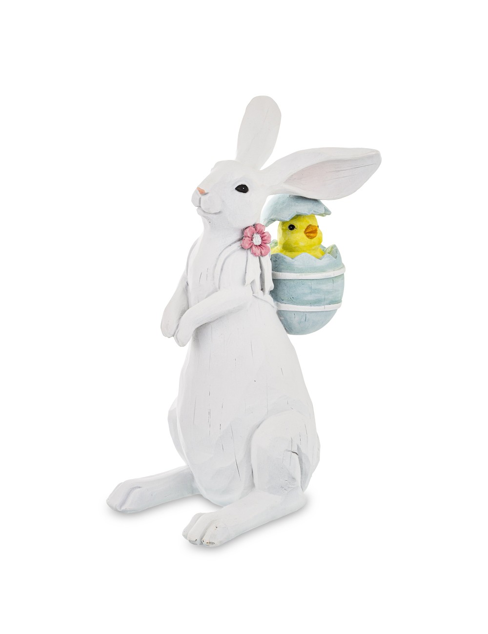Figurka zając biały z kurczaczkiem w plecaku