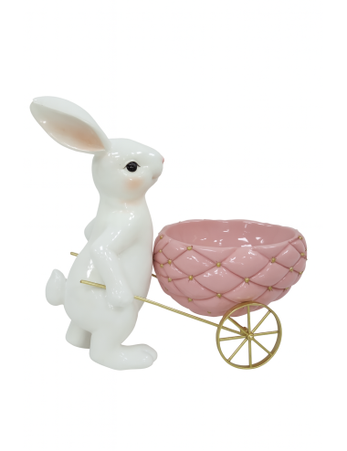 Króliczek ceramiczny biały z różowym jajkiem na wózku