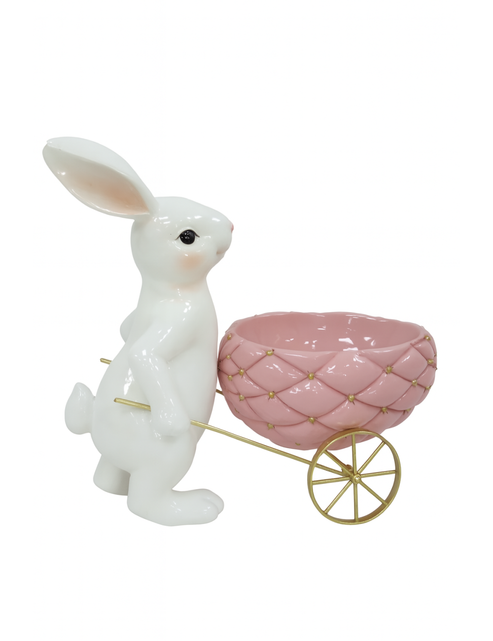 Króliczek ceramiczny biały z różowym jajkiem na wózku