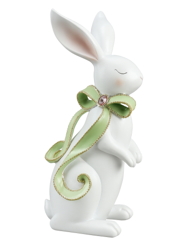 Figurka ceramiczna królik biały z zieloną kokardą