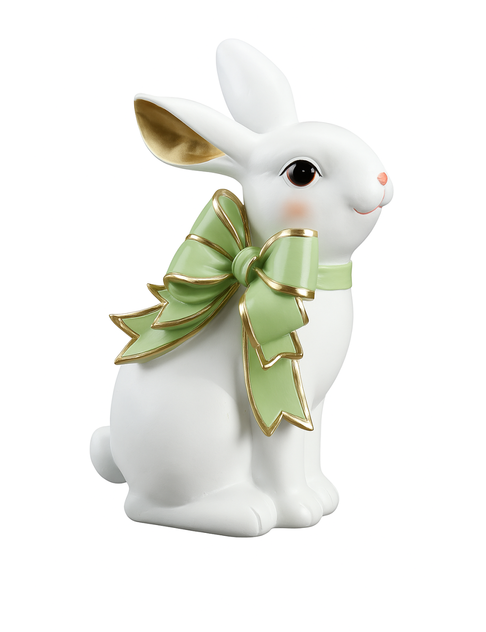 Figurka ceramiczna królik biały z zieloną kokardą